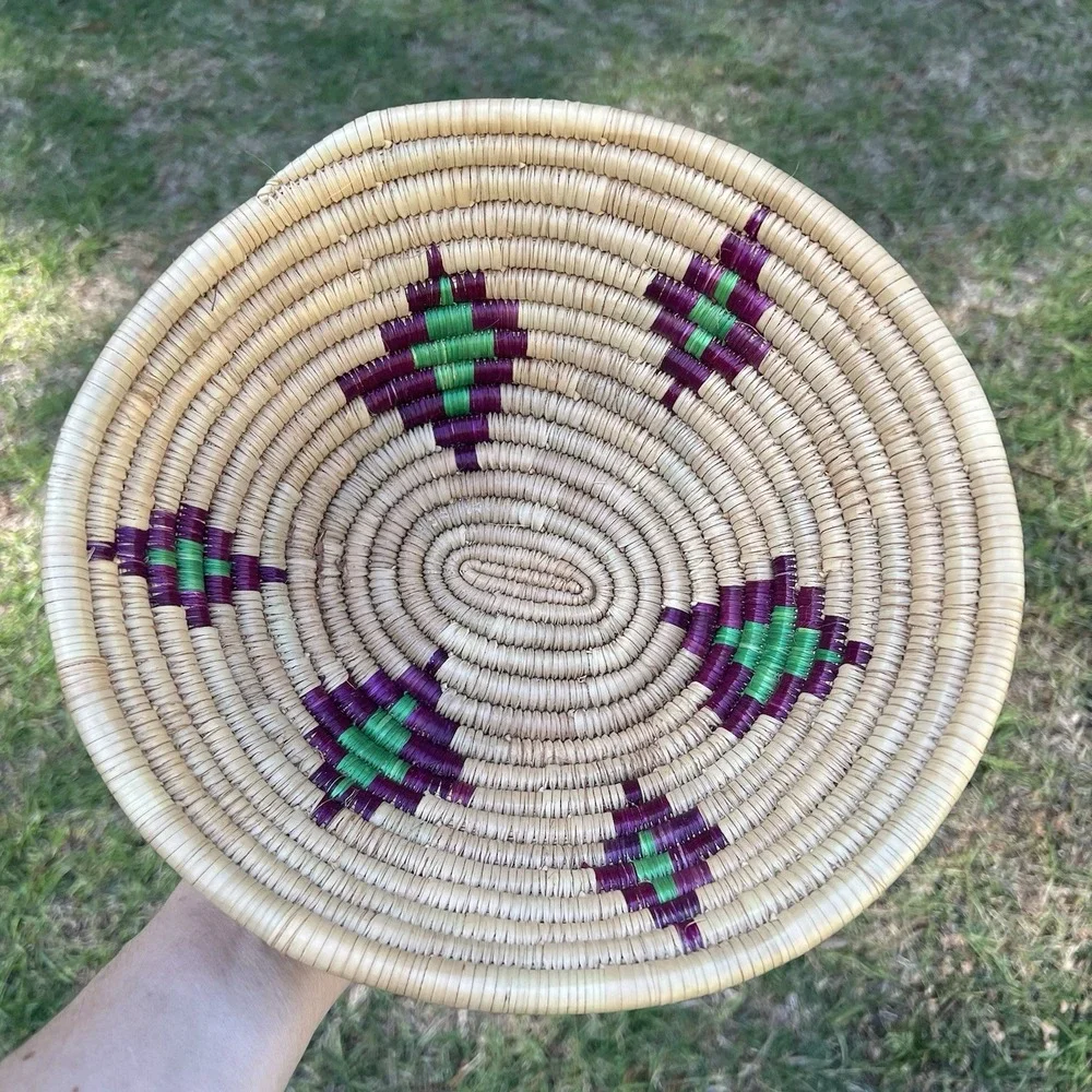 Vintage Handwoven Coil Basket Bowl Natural Fiber Purple Green Tribal Woven Decor